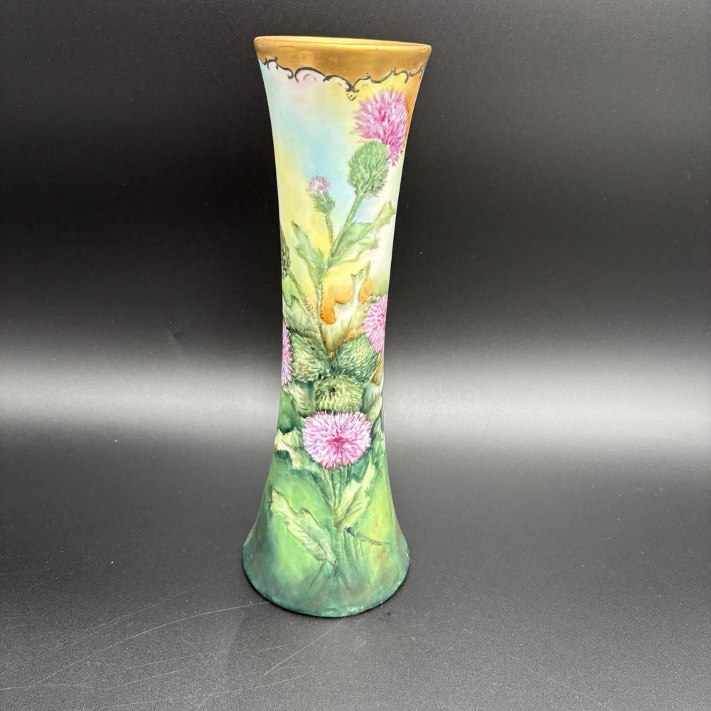 Vtg Art Nouveau Floral Porcelain Hand Painted Vase Pink Flowers Gold Gilt 12"
